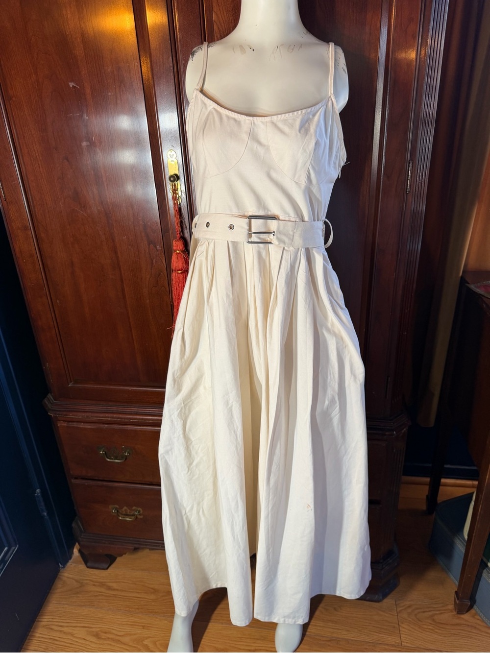Future Collective Cream Belted Spaghetti-Strap Midi Dress